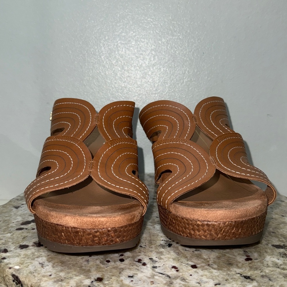 VIONIC MALORIE Raffia Natural Tan Leather Open Toe Slip On Wedge Sandals Sz 9.5 - Picture 6 of 16